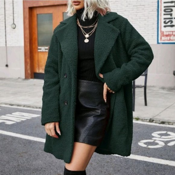 Green Faux fur teddy pea coat contemporary - Picture 2 of 5